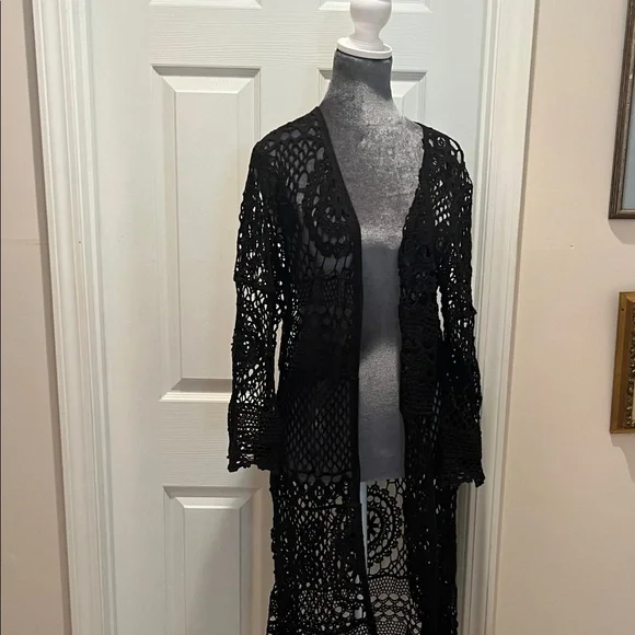 Women’s Black Crochet Knit Open Front Tunic Sz Large - Picture 7 of 9